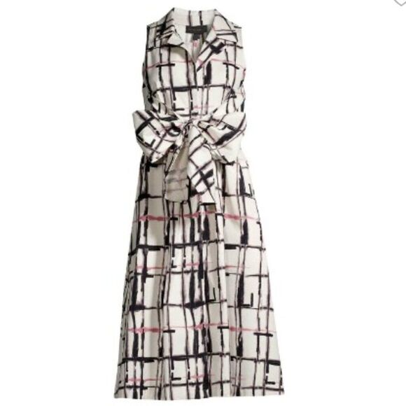 DKNY midi Shirtdress plaid print white black pink sleeveles tie bow buton down 6 - Picture 1 of 15